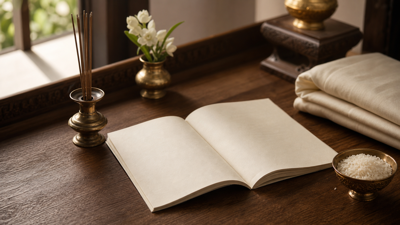 กระดาษบทอ่านวางบนโต๊ะไม้พร้อมถ้วยข้าวสารและเชิงธูปในบรรยากาศสงบ